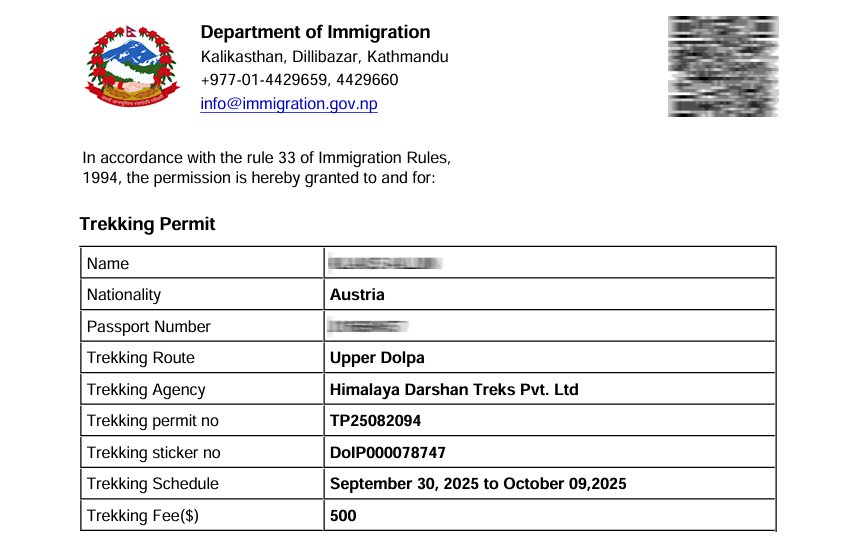 Upper Dolpo Trek Permit, Permit Cost, Required document