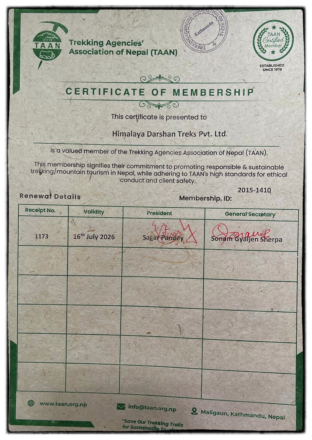 Registration Certificate, Our legal document